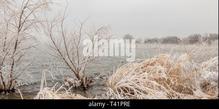 Eisige Ufer des Lake Hefner in Oklahoma City Stockfoto