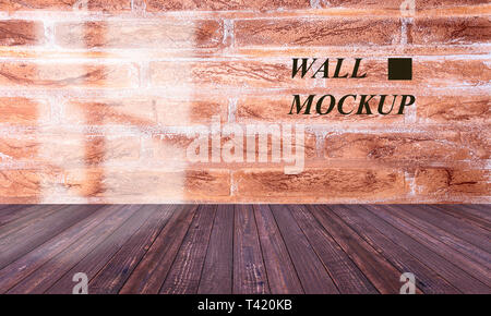 Leeren Raum mit Holzboden, Steinmauer und Mockup anpassen. Stockfoto