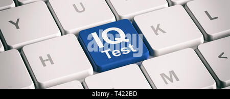 IQ-Test. Online Intelligence Messung durchführen. Blaue Taste auf weißem Computer Laptop Tastatur, Banner. 3D-Darstellung Stockfoto