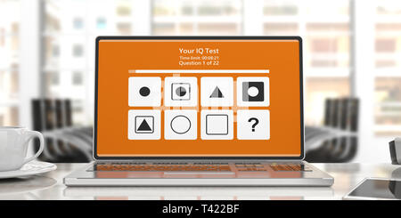 IQ-Test. Online Intelligenztest Form auf dem Computer Laptop Bildschirm, blur Business Office Hintergrund. 3D-Darstellung Stockfoto