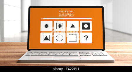 IQ-Test. Online Intelligenztest Form auf dem Computer Laptop Bildschirm, Blur leeren Raum Hintergrund. 3D-Darstellung Stockfoto