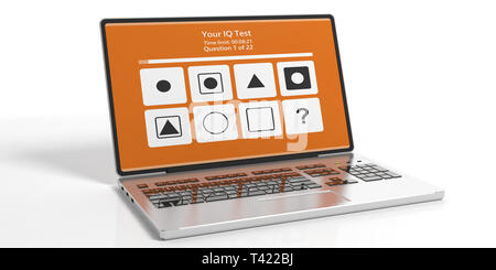 IQ-Test. Online Intelligenztest Form auf dem Computer Laptop Display vor weißem Hintergrund. 3D-Darstellung Stockfoto