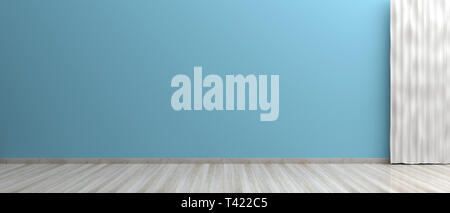 Home Interior. Leere Zimmer, Holzboden, blaue Farbe bemalten Wand und Vorhang, Banner. 3D-Darstellung Stockfoto