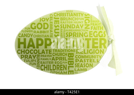 Wort Wolke frohe Ostern mit relevanten Keywords auf einer grünen Osterei hervorgehoben Stockfoto