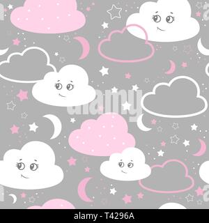 Vector Illustration baby nahtlose Muster. Kinder nahtlose Muster mit niedlichen rosa Wolken, Sterne auf einem grauen Hintergrund. Stock Vektor