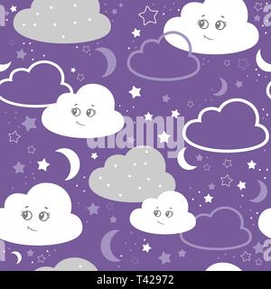 Vector Illustration baby nahtlose Muster. Kinder nahtlose Muster mit niedlichen Wolken, Sterne auf einem violetten Hintergrund. Stock Vektor