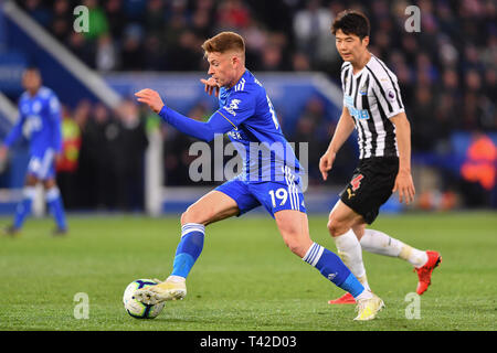 Leicester, Großbritannien. 12. Apr 2019. Leicester City Mittelfeldspieler Harvey Barnes (19) Während der Premier League Match zwischen Leicester City und Newcastle United für die King Power Stadion, Leicester am Freitag, 12. April 2019. (Credit: Jon Hobley | MI Nachrichten) nur die redaktionelle Nutzung, eine Lizenz für die gewerbliche Nutzung erforderlich. Keine Verwendung in Wetten, Spiele oder einer einzelnen Verein/Liga/player Publikationen. Foto darf nur für Zeitung und/oder Zeitschrift redaktionelle Zwecke verwendet werden. Credit: MI Nachrichten & Sport/Alamy leben Nachrichten Stockfoto