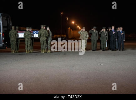 Mitglieder der offiziellen Partei, darunter Gouverneur John Carney (Demokrat von Delaware), Sergeant Major des United States Marine Corps Ronald Green, US Marine Corps General Robert B. Neller, Kommandant der Marine Corps, die US-Verteidigungsminister Patrick M. Shanahan und US Air Force Colonel Matthew Jones, 436Th Airlift Wing, Stellvertretender Kommandeur, zahlen ihren Respekt als US Marine Corps führen Team in die würdige Übertragung der Verteilergetriebe mit den sterblichen Überresten von United States Marine Corps Staff Sergeant Christopher A. Slutman in Dover Air Force Base in Dover, Delaware beteiligt sich an einem Stockfoto