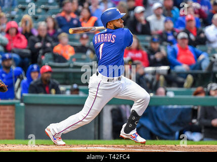 03.April 2019: Texas Rangers shortstop Elvis Andrus #1 Während eine MLB Spiel zwischen den Houston Astros und der Texas Rangers bei Globe Life Park in Arlington, TX Texas besiegte Houston 4-0 Albert Pena/CSM. Stockfoto