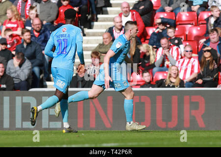 SUNDERLAND, England. 13. April von Coventry City Jordan Shipley feiert zählenden vierte Ziel seiner Seite während der Sky Bet Liga 1 Übereinstimmung zwischen Sunderland und Coventry City im Stadion des Lichts, Sunderland am Samstag, 13. April 2019. (Credit: Steven Hadlow | MI Nachrichten) nur die redaktionelle Nutzung, eine Lizenz für die gewerbliche Nutzung erforderlich. Keine Verwendung in Wetten, Spiele oder einer einzelnen Verein/Liga/player Publikationen. Foto darf nur für Zeitung und/oder Zeitschrift redaktionelle Zwecke verwendet werden. Möglicherweise nicht für Publikationen, bei denen 1 Spieler, 1 Club oder 1 Wettbewerb ohne schriftliche Genehmigung von Fuß verwendet werden. Stockfoto