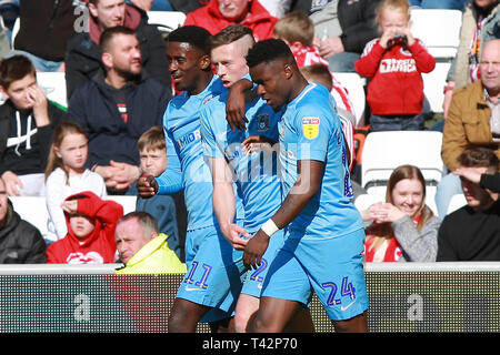 SUNDERLAND, England. 13. April von Coventry City Jordan Shipley feiert zählenden vierte Ziel seiner Seite während der Sky Bet Liga 1 Übereinstimmung zwischen Sunderland und Coventry City im Stadion des Lichts, Sunderland am Samstag, 13. April 2019. (Credit: Steven Hadlow | MI Nachrichten) nur die redaktionelle Nutzung, eine Lizenz für die gewerbliche Nutzung erforderlich. Keine Verwendung in Wetten, Spiele oder einer einzelnen Verein/Liga/player Publikationen. Foto darf nur für Zeitung und/oder Zeitschrift redaktionelle Zwecke verwendet werden. Möglicherweise nicht für Publikationen, bei denen 1 Spieler, 1 Club oder 1 Wettbewerb ohne schriftliche Genehmigung von Fuß verwendet werden. Stockfoto