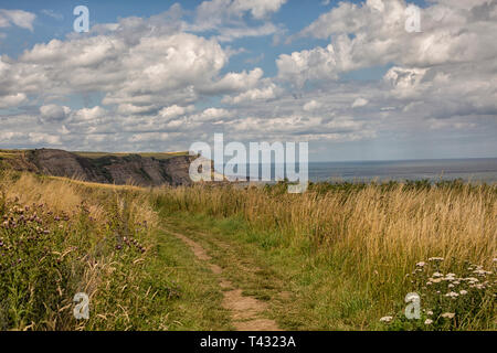 Blick auf die Küste bei Robin Hood's Bay in Yorkshire, England Stockfoto