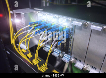 Optische Schalter und farbenfrohe FC-Leitungen verbunden. Rechenzentrum. Close Up. Stockfoto