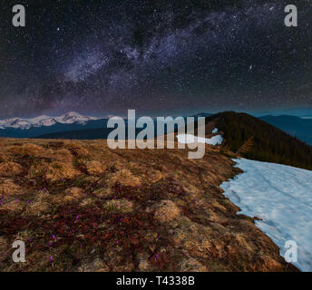 Nacht Frühjahr Karpaten Landschaft und Sternenhimmel Milchstraße am Himmel, Ukraine, Europa. Stockfoto