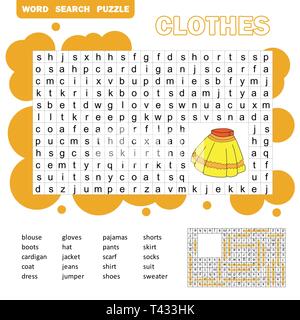 Lernspiel für Kinder. Word Search Puzzle mit Kleidung. Kinder Blatt. Word Search Puzzle für Kinder. Antwort enthalten. Stock Vektor