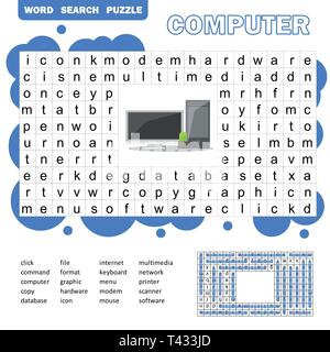 Lernspiel für Kinder. Word Search Puzzle mit Computer. Kinder sheetWord suche Puzzle für Kinder. Antwort enthalten. Stock Vektor