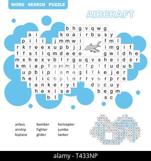 Luftverkehr Crossword Game. Suche Wörter Spiel mit Antwort für Kinder. Vektor flachbild Abbildung Stock Vektor