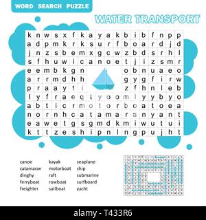 Wort puzzle Vorlage mit Wasser Transport Illustration - Wort Suche Spiel für Kinder mit Antwort Stock Vektor