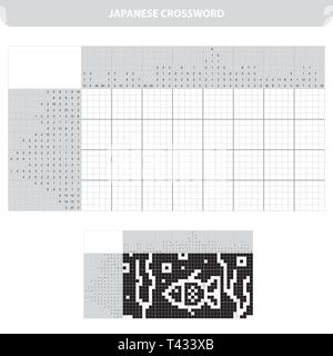 Aquarium mit Fischen. Schwarze und weisse japanische Kreuzworträtsel mit beantworten. Nonogramm mit beantworten. Grafik Kreuzworträtsel. Puzzle Spiel für Kinder. Stock Vektor