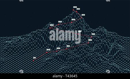 Cyberspace Raster 3d-technologie Drahtmodell Landschaft, Klettern auf dem Weg zum Tafelberg, Business ist der Weg zum Erfolg, kreatives Konzept für Presentati Stock Vektor