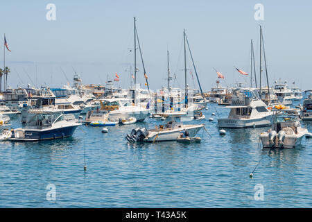 Boote in Avalon Hafen von Catalina Island verankert. Avalon, Catalina Island, Kalifornien, 29. Juni 2017 Stockfoto