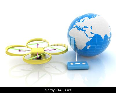 Quadrocopter Drone mit Globus und Fernbedienung auf einem weißen Hintergrund. 3D-Darstellung Stockfoto