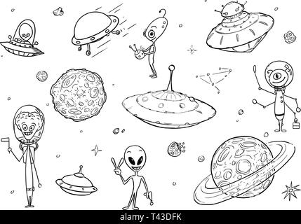 Eingestellt von Cartoon vektorzeichnungen von freundlichen Cartoon UFO Alien Figuren, Raumschiffen und Planeten. Stock Vektor