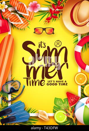 Sommer 3D realistische Vektor Plakat in gelber Hintergrund mit Rahmen und tropischen Elementen wie Tauchausrüstung, Surfbretter, Hausschuhe Stock Vektor