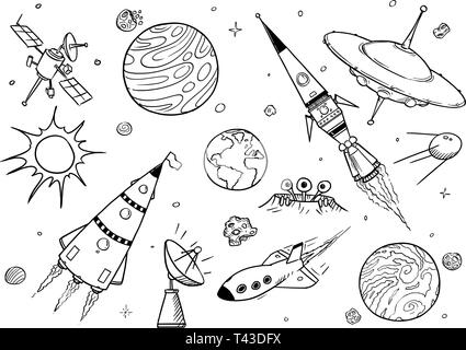 Eingestellt von Cartoon Vektorzeichnungen Platz Requisiten wie Raketen, Außerirdische Raumschiffe oder Raumschiffe, UFO, Planeten und Satelliten. Stock Vektor