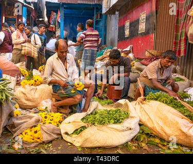 Horizontale Ansicht der Arbeitnehmer bei Mullik Ghat Blumenmarkt in Kalkutta aka Kalkutta, Indien. Stockfoto