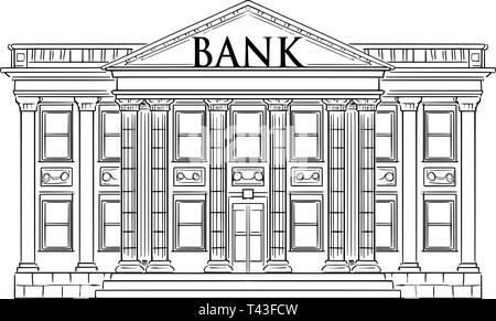 Vector schwarz-weißen Zeichnung der Bank Gebäude im klassischen Stil mit Spalten als Metapher der Stabilität, Geld, Finanzen und Investitionen. Stock Vektor