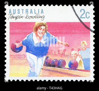 Australien - ca. 1989: einen Stempel in Australien gedruckten zeigt die Tenpin Bowling, Sport Serie, ca. 1989. Stockfoto