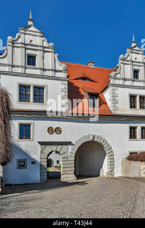 Die Burg Strehla ist ein Schloss in der Stadt Strehla, Landkreis Meißen, Sachsen, Deutschland, Europa Stockfoto
