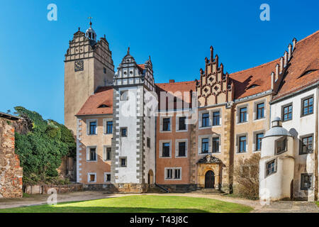 Die Burg Strehla ist ein Schloss in der Stadt Strehla, Landkreis Meißen, Sachsen, Deutschland, Europa Stockfoto