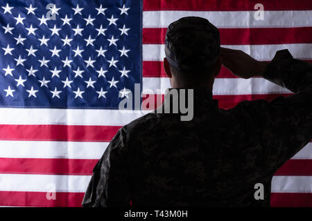 Ansicht der Rückseite des militärischen Mann salutierte Us Flag Stockfoto