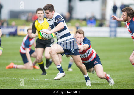 Melrose, Schottland - 13. April 2019. Aktion aus dem ASI Melrose Sevens erste Runde zwischen Peebles RFC und Heriot's Rugby am Greenyards Stockfoto