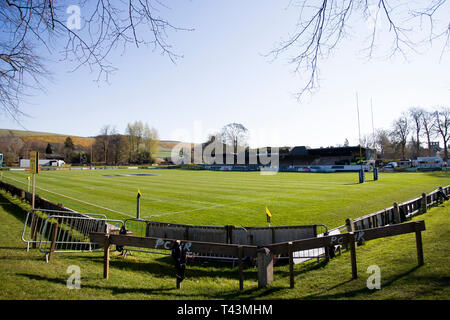 ZMelrose, Schottland - 13. April 2019. Eine allgemeine Ansicht der Greenyards, der Heimat der 129 Melrose Sevens vor dem ASI Melrose Sevens Stockfoto