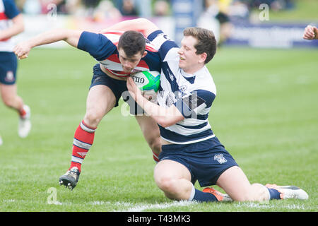 Melrose, Schottland - 13. April 2019. Aktion aus dem ASI Melrose Sevens erste Runde zwischen Peebles RFC und Heriot's Rugby am Greenyards Stockfoto