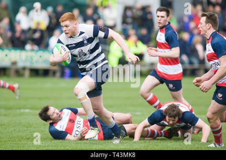 Melrose, Schottland - 13. April 2019. Aktion aus dem ASI Melrose Sevens erste Runde zwischen Peebles RFC und Heriot's Rugby am Greenyards Stockfoto