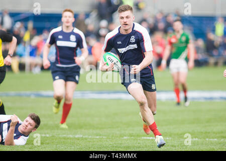 Melrose, Schottland - April 13. Aktion aus dem ASI Melrose Sevens erste Runde zwischen GHA und Selkirk RFC Am Greenyards am 13. April 2019 Stockfoto