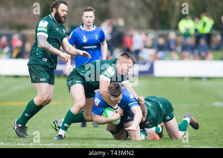 Melrose, Schottland - 13. April 2019. Aktion aus dem ASI Melrose Sevens erste Runde zwischen Bourghmoulr RFC und Hawick RFC Am Greenyards Stockfoto