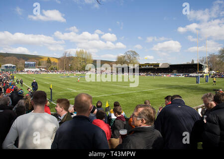 Melrose, Schottland - 13. April 2019. Eine allgemeine Ansicht der Greenyards, der Heimat der 129 Melrose Sevens am 13. April 2019 in Melrose, Vereinigtes Königreich. Stockfoto