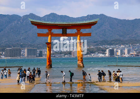 MIYAJIMA, Japan - 01 April, 2019: Der berühmte schwimmende Torii Tor (O-Torii) auf der Insel Miyajima, Japan. Stockfoto