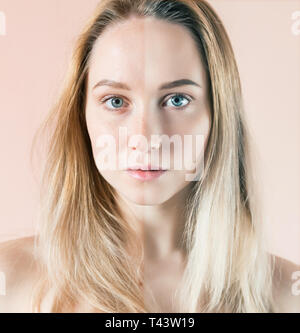 Beauty concept - retuschieren Vor und Nach. Schöne Frau mit blauen Augen. Stockfoto