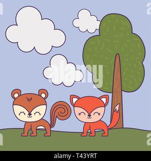 Cute chipmunk mit Fox im Querformat Szene Vector Illustration Design Stock Vektor