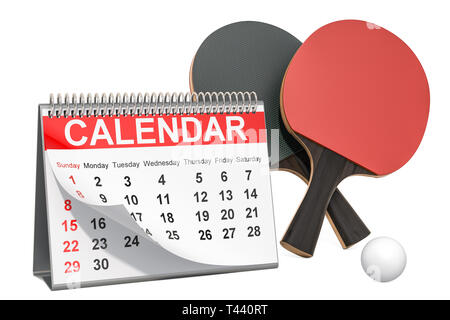 Tischtennis Veranstaltungen Kalender Konzept. 3D-Rendering auf weißem Hintergrund Stockfoto