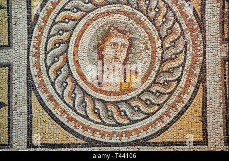 Römische Mosaiken - Dionysos Portrait Mosaik. Okeanos Villa, antike Zeugama, 2. - 3. nachchristlichen Jahrhundert. Das Zeugma Mosaic Museum, Gaziantep, Türkei. Stockfoto