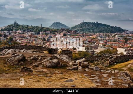 Blick auf die Altstadt von Plovdiv von Nebet tepe Stockfoto