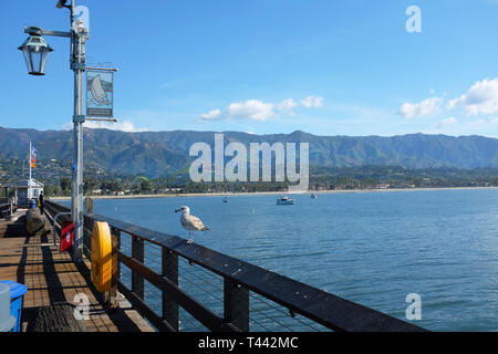 SANTA BARBARA, Kalifornien - 12. APRIL 2019: Stearns Wharf mit einer Möwe, die Küste und die Santa Ynez Mountains im Hintergrund. Stockfoto