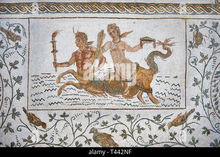 Bild eines römischen Mosaiken Design, die Szenen aus dem Leben des Dionysos, eine Szene mit Ichthyocentaurs, Fisch tailed Kentauren und Nereiden, von der Stockfoto